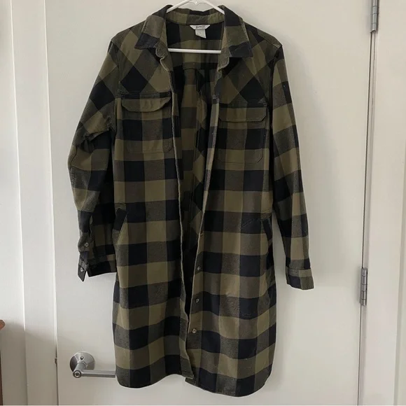 Duluth Trading Folklore Flannel Duster Shirt Jacket PLAID Green Black - Picture 3 of 10